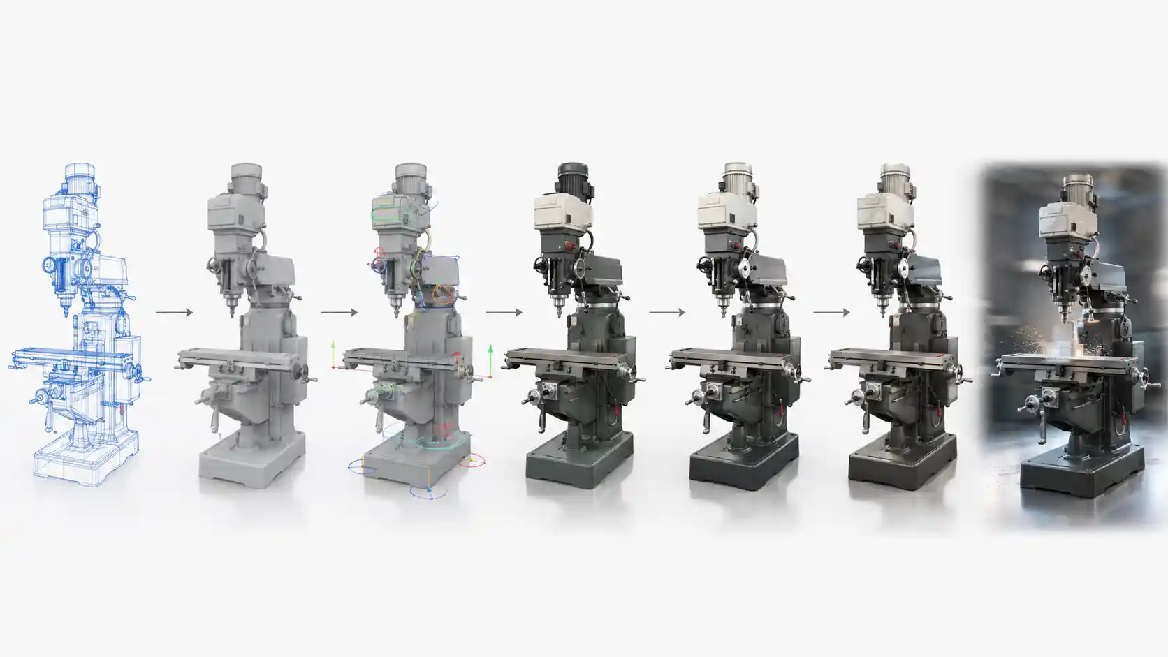 CAD modelleme, optimizasyon, animasyon, materyal, ışıklandırma ve final render aşamalarını gösteren endüstriyel 3D animasyon süreci