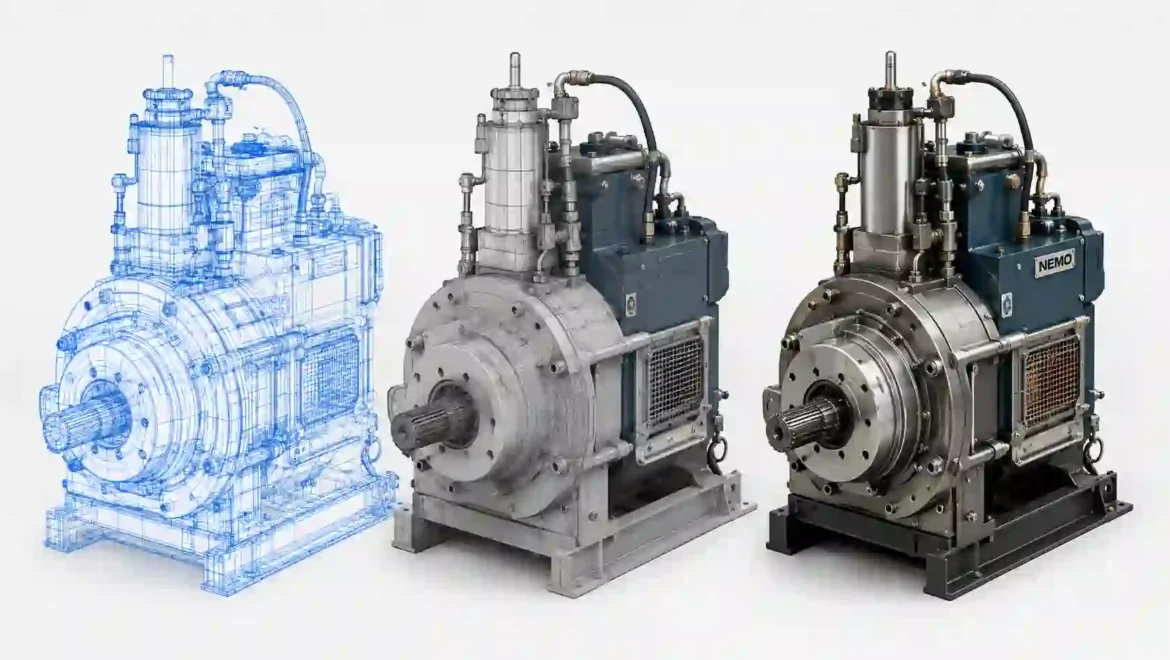 Endüstriyel makinenin CAD wireframe modelden fotogerçekçi 3D rendera dönüşüm aşamaları